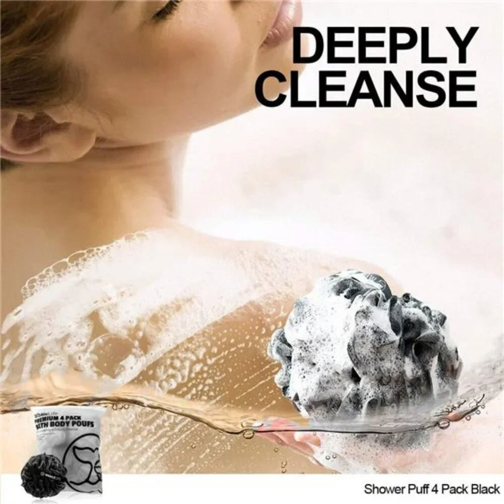 Shower Loofah Puff 4 Pack Black Bath Sponge Bamboo Charcoal Mesh Body Scrubber